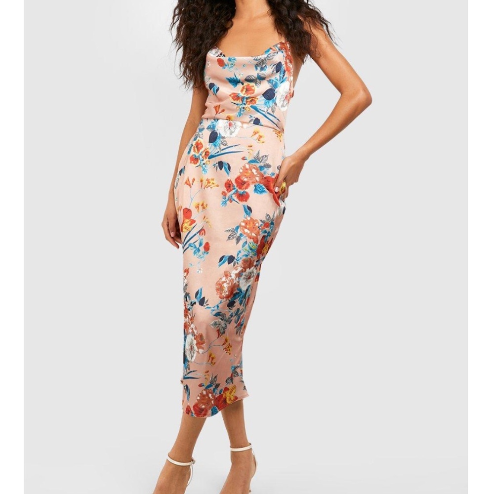 Satin Floral Cowl Flute Hem Slip Dress